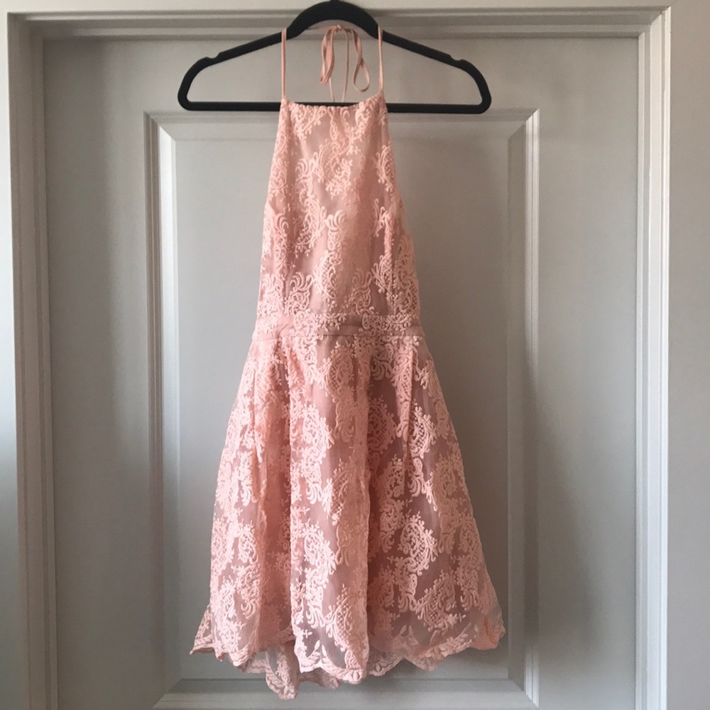 EUC Pink Lace Fit and Flare Halter High Neck Dress - Picture 1 of 4